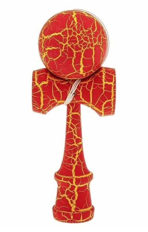 Kendama profesionala din lemn 18 cm model clasic cu design crapat culoare ROSU/GALBEN